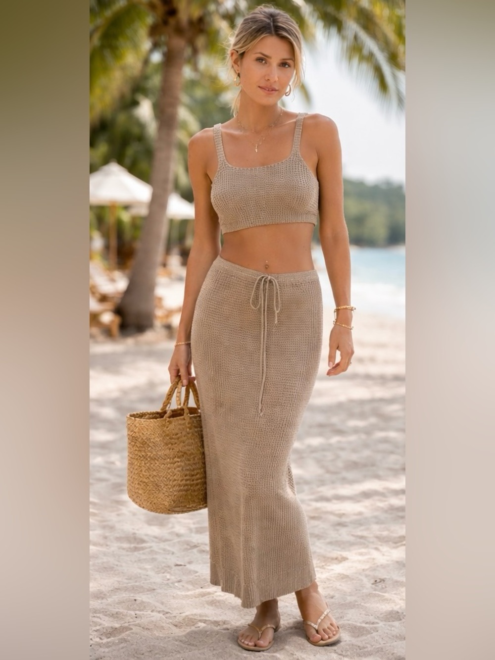 Massimo Dutti Beige Knit Maxi Skirt